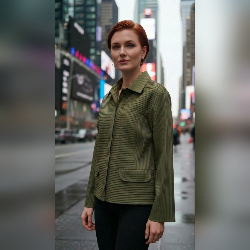 Chico's Olive Ribbed Zip-Front‎ Jacket